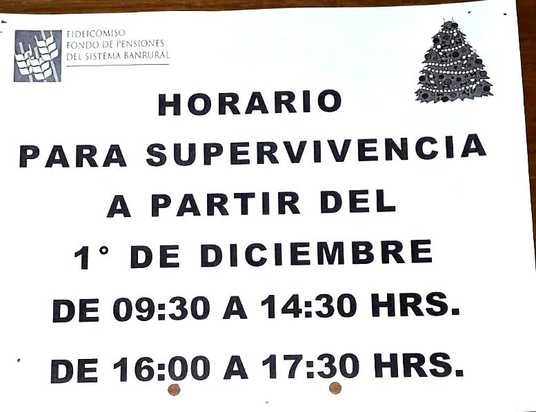 Por este medio la Asociación tiene el agrado de informarles el horario para la Supervivencia a partir del 1" de diciembre.